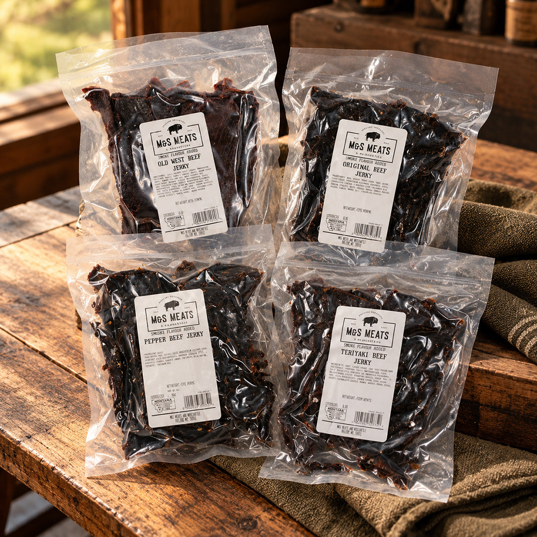 The Stash - Original, Old West, Teriyaki & Pepper Beef Jerky bags